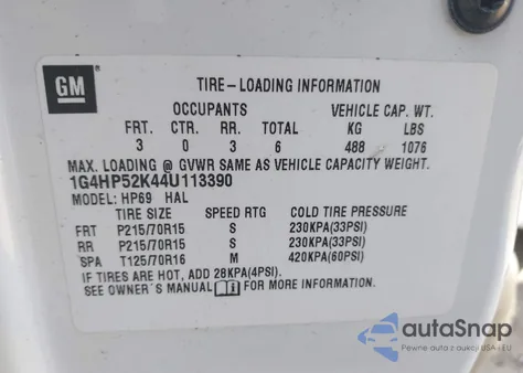 2004 Buick Lesabre Custom z USA, uszkodzony, nr VIN 1G4HP52K44U113390